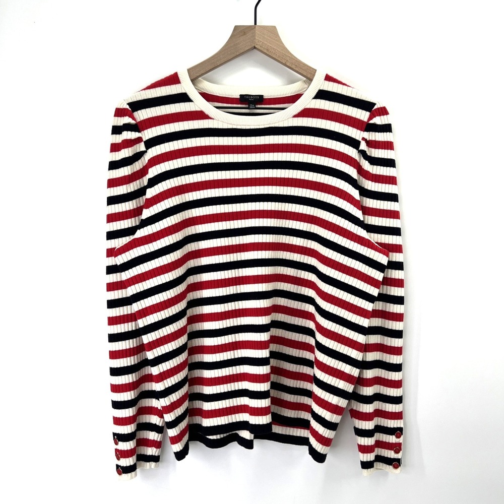 Talbots Petite XLP Ribbed Top Stripe Ivory Black Long Sleeve Shirt Nautical